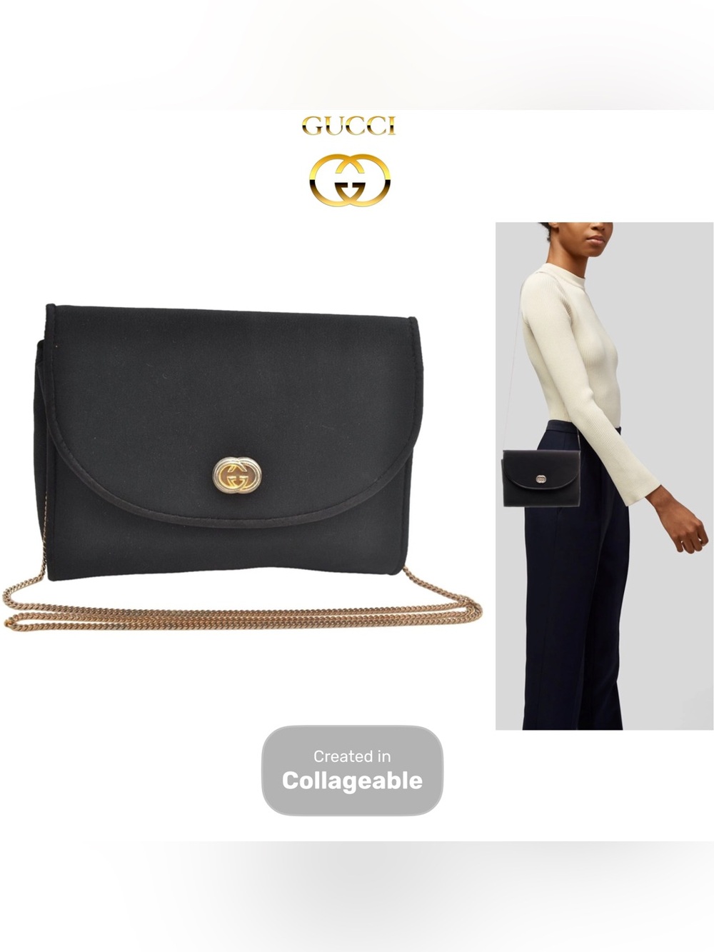 👜 GUCCI Black Gold Chain Crossbody Shoulder Bag Nylon Authentic Fall Winter